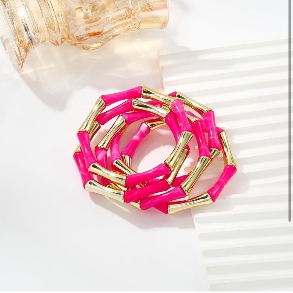 Gold and Pink Bamboo-Inspired Stackable Bracelets